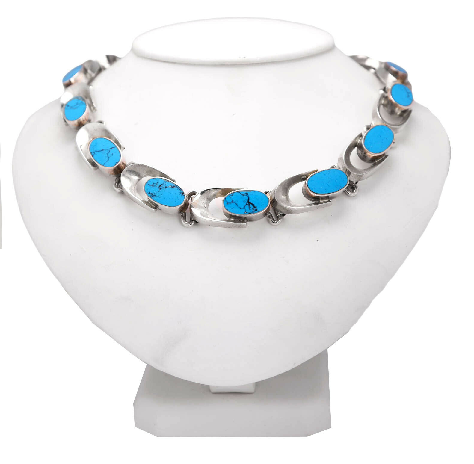 Ladies Vintage Estate Mexico Ts-102 925 Sterling Silver Turquoise Inlay Necklace