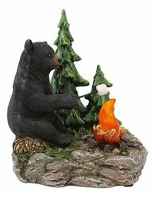Rustic Forest Black Bear Roasting Marshmallow By Bonfire LED Night Light Statue