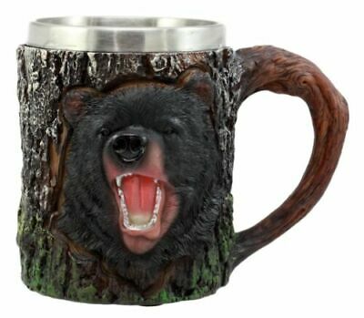 Nature Wildlife Roaring Black Bear Coffee Mug With Rustic Tree Bark Design 12oz