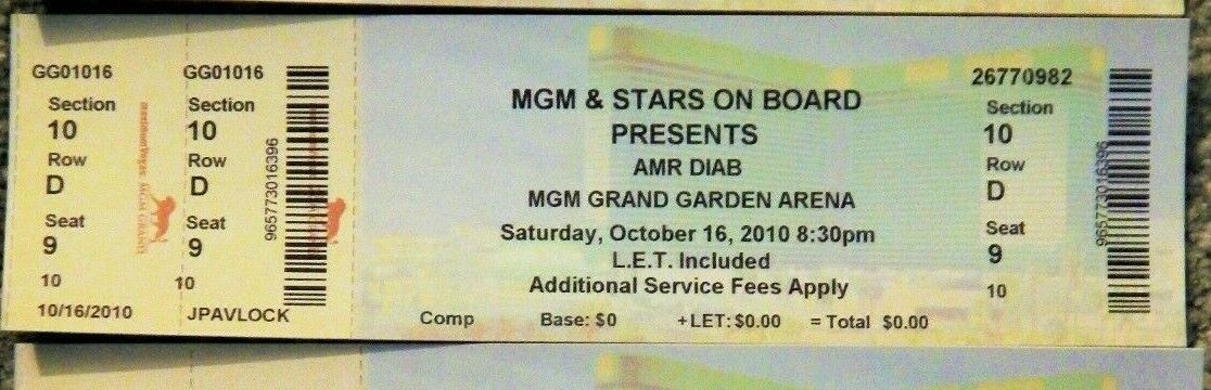 Amr Diab Original Concert Used Ticket, Mgm  Grand Vegas Oct 16 2010