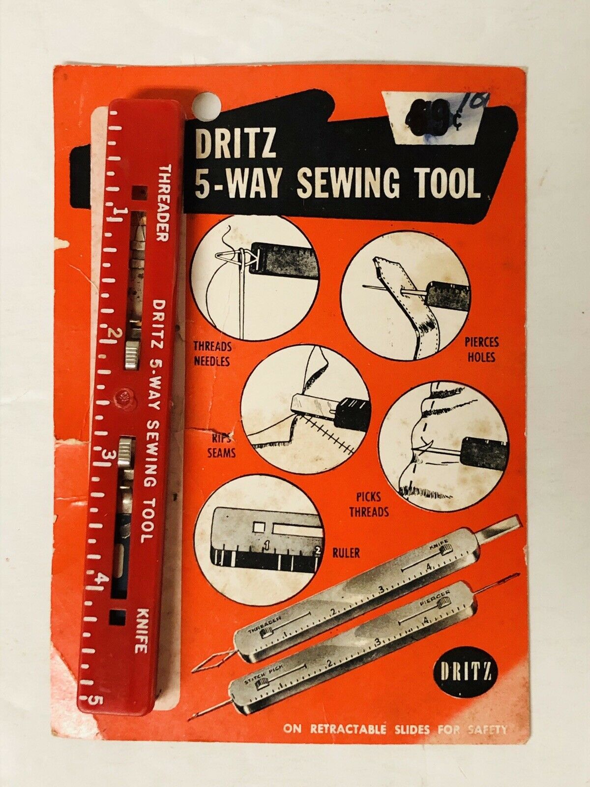 Dritz 5 Way Sewing Tool Needle Threader Thread Pick Razor 4" Ruler Piercer 1955